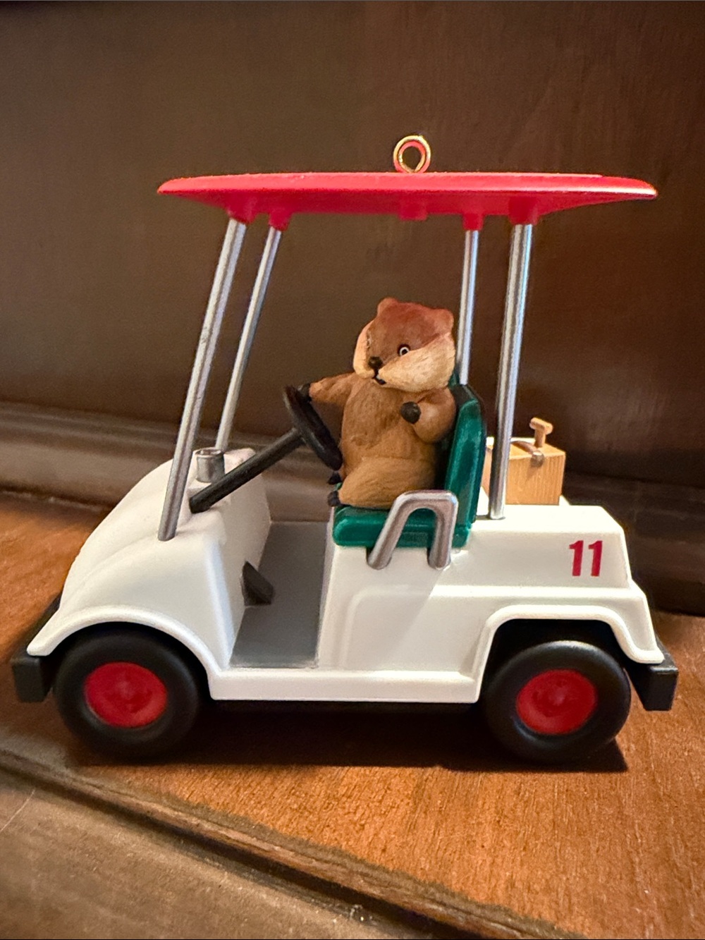 White and Red Golf Cart tree ornament with Green Seat and Plush Driver